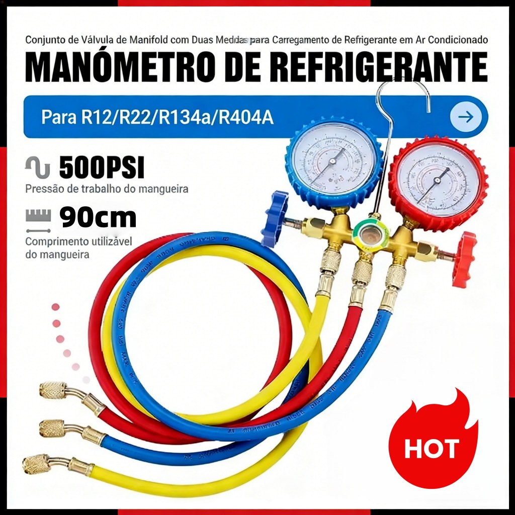 Manifold  (R22 - R134A - R404A) Mangueira 0,90m VLCT-636V e Refrigeração Conjunto para os Gase R22, r407c, R134a