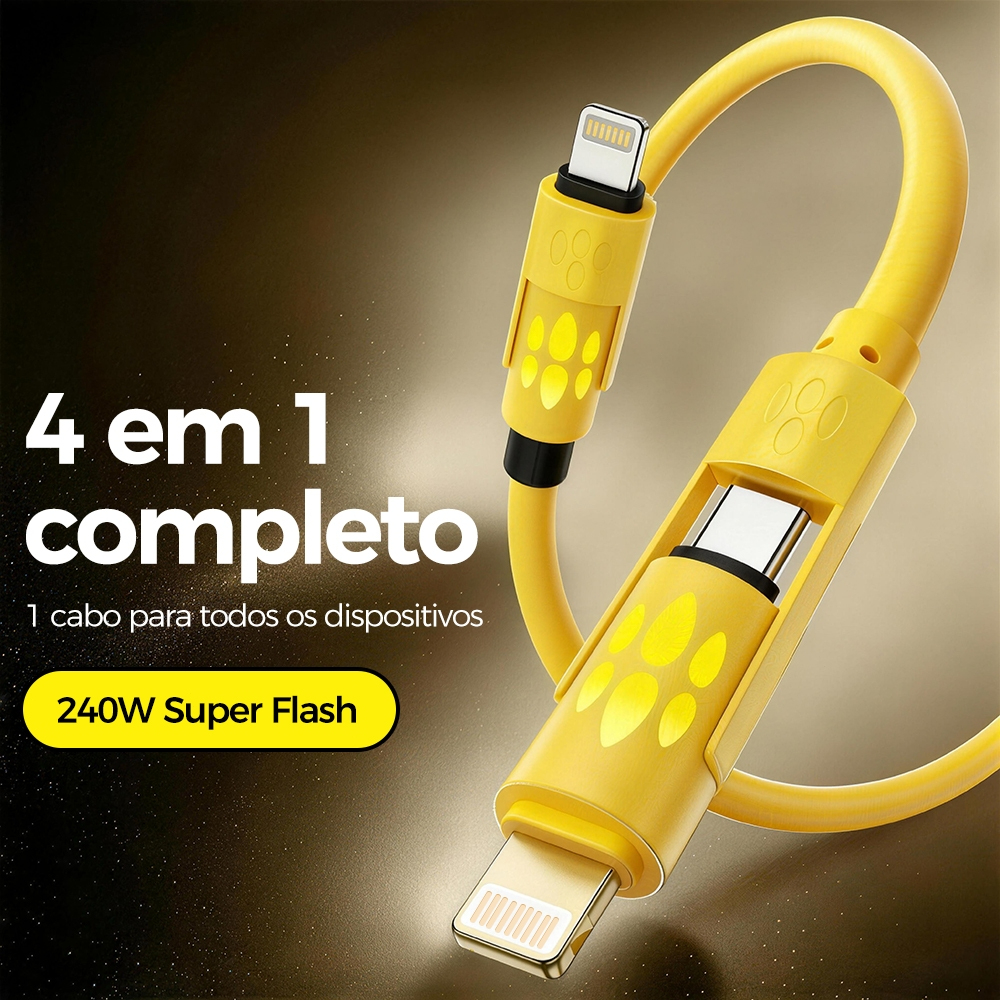 Cabo de carregamento rápido de 1.5 metros, 4 em 1, 240 W, compatível com Android, Apple, Type-C e Lightning.