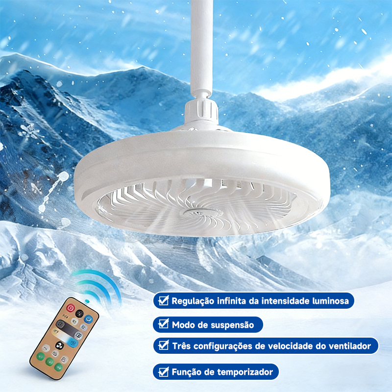 Ventilador Lâmpada E27 com Luz LED Branca 6000K Controle Remoto e Botão para Quarto e Sala