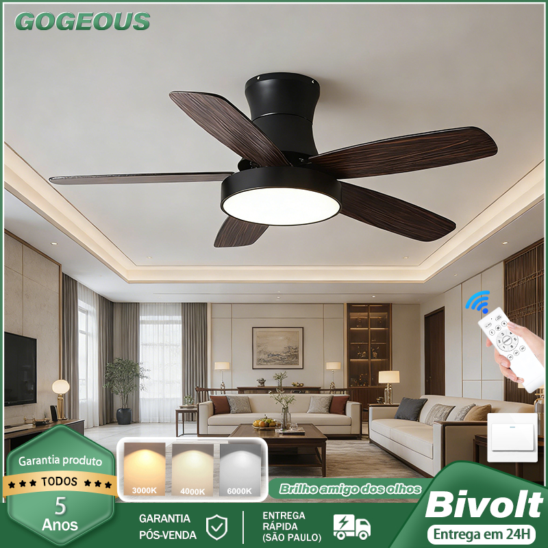 110V-220V Ventilador de Teto Com Luz LED 3 Cores Bivolt com Lâmpada e Função Reversível Controle Remoto Motor CC