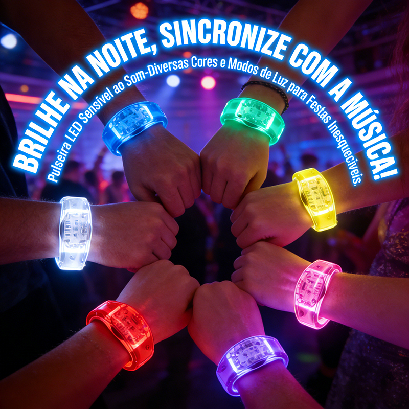 KIT 10-50 Pulseiras de LED Ativada por Som Música e Movimento Acompanhe o Ritmo da Festa