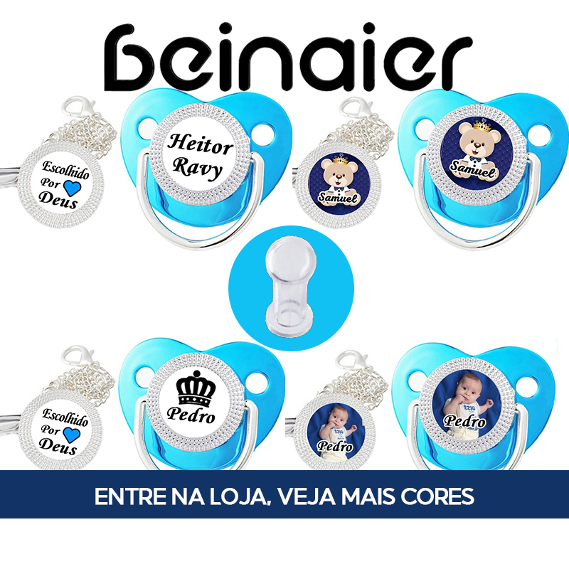 Chupeta de bebé em formato plano, personalizada com nome/foto, acompanha chupeta/clip/corrente/fecho em Oferta na Shopee