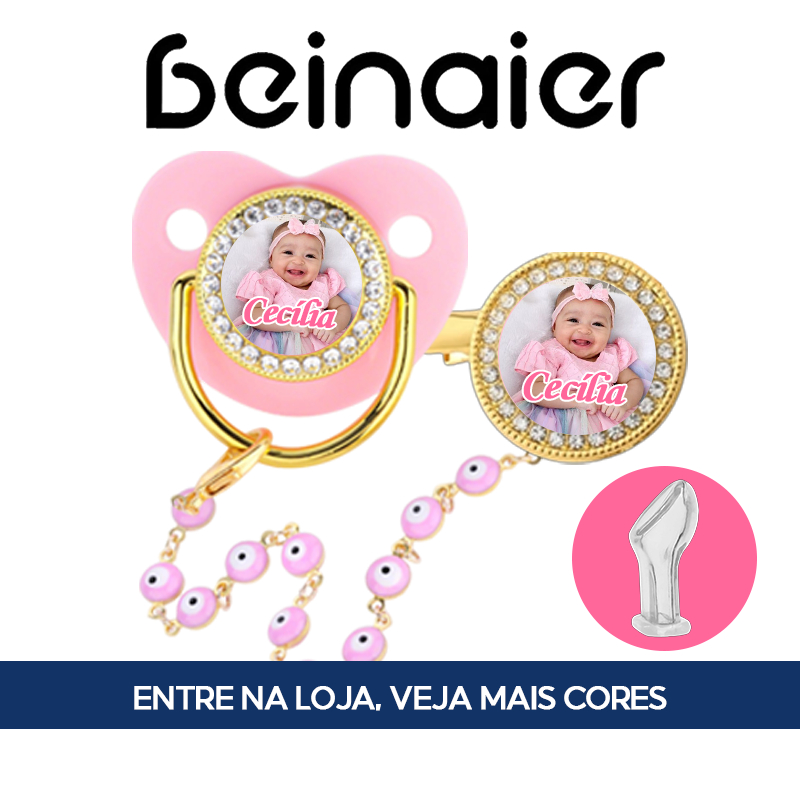 Chupeta para bebê rosa, personalizável com nome e foto do bebê, indicada para 0-6-18 meses em Oferta na Shopee