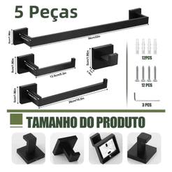 Kit Acessórios Banheiro Lavabo 5 Peças Aço Inox 304, Kit Banheiro 60cm De Quadrado Luxo Preto/Prata Cromado