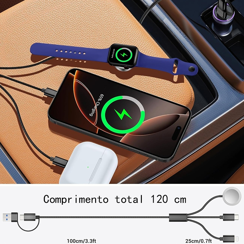 Carregador 5 em 1 com Indução Magnética: Lightning, Tipo-C/USB e Cabo de 1.2m para Relógio