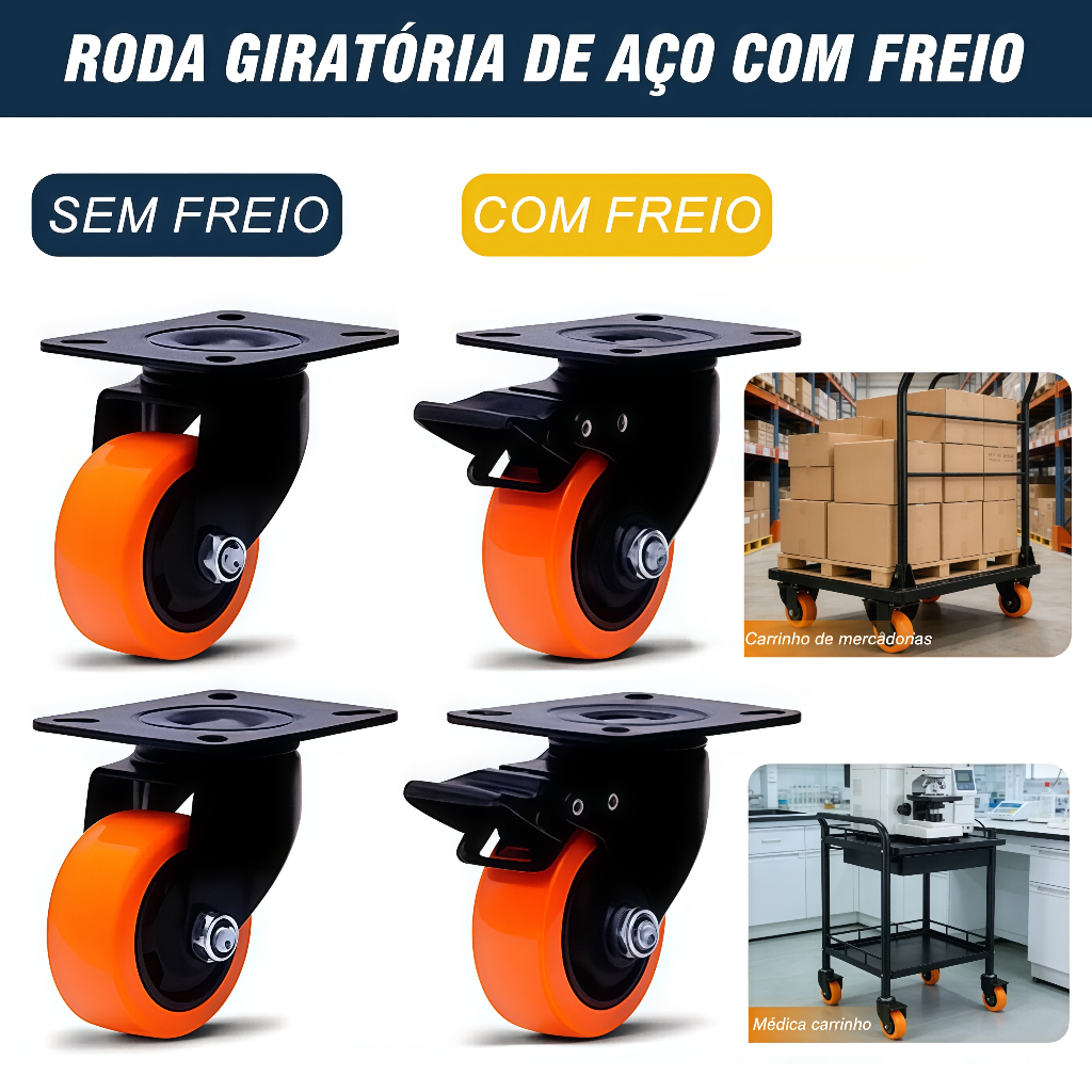 Kit 2/4/6/8 Rodinhas Rodízios Rodas Moveis Com Base Giratória Freio e Trava Rodízio Anti-risco Reforçada