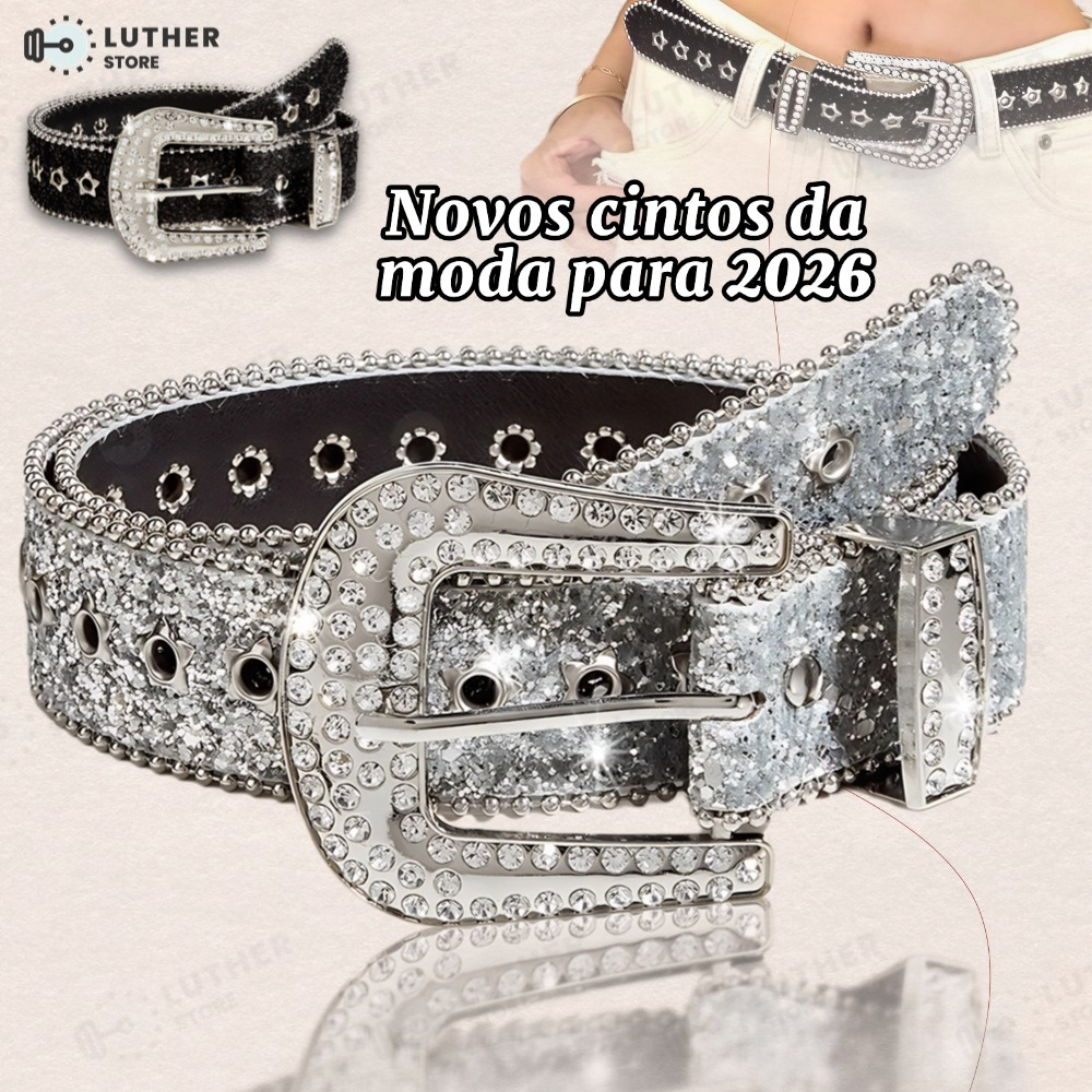 Cinto de Couro de Couro de Rhinestone All-match Fashion Rhinestone Decoração de Lantejoulas Estilo ins Style Feminino em Oferta na Shopee