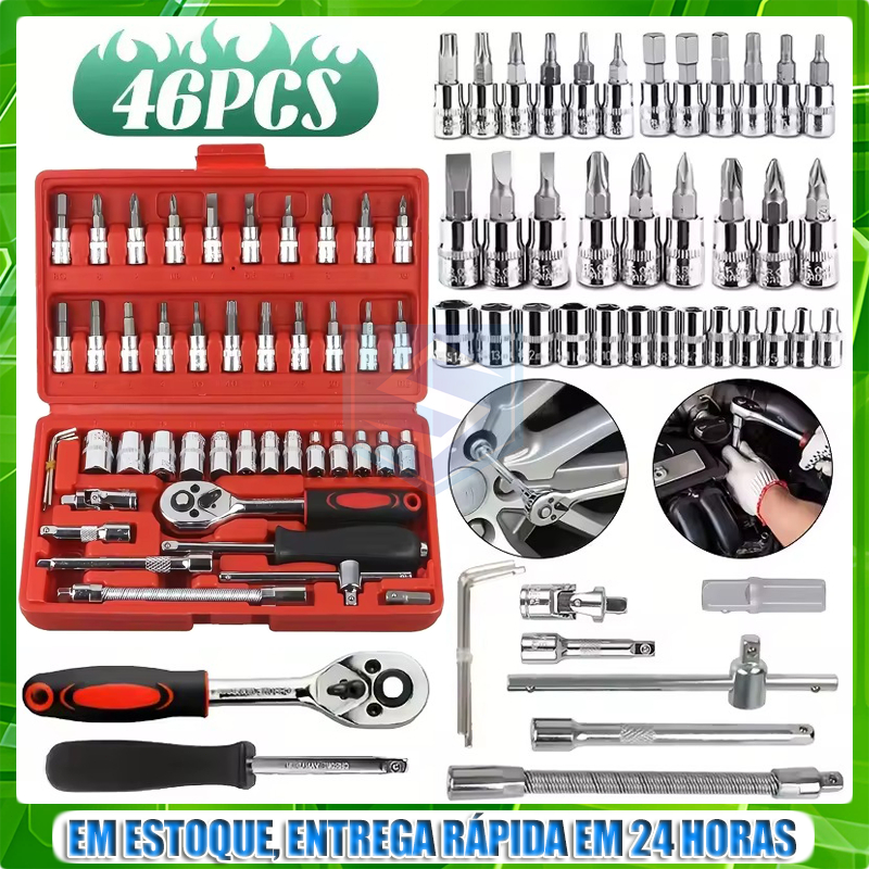 Kit De Ferramentas 46 Peças Jogo De Soquetes Chave Catraca Reversível Com Maleta Jogo De Ferramentas Completo