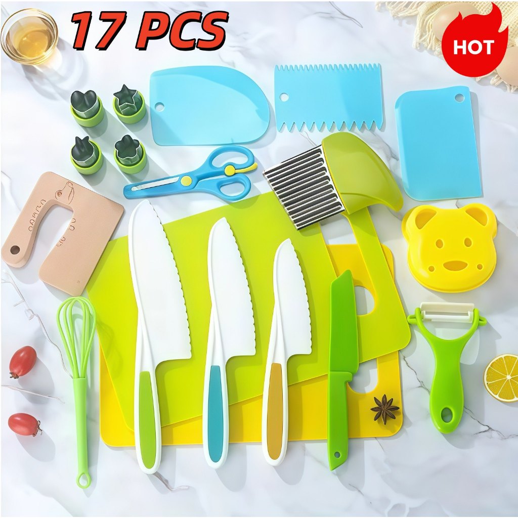 Kit 17 Peças Montessori Cozinha Infantil Educativa Facas Seguras Didático Presente Menina Menino +3 Anos