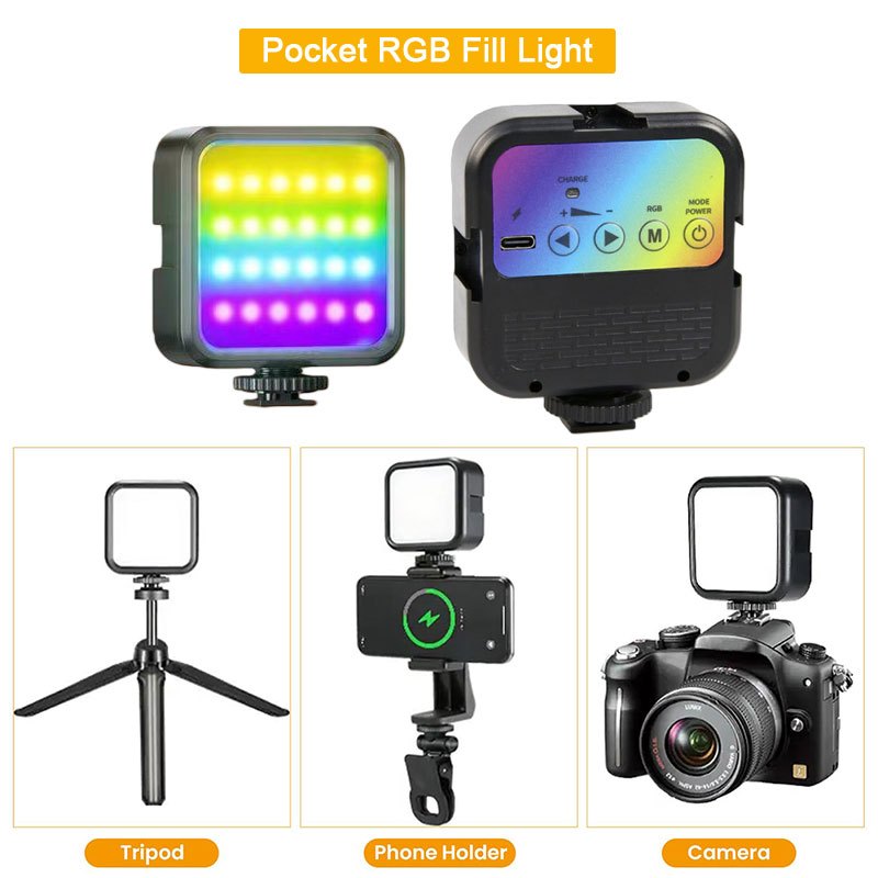 WL62 LED Luz De Vídeo RGB Portátil Para Selfie 1500mAh 6000K Com Clipe Mini Lâmpada Fotografia Brilho Ajustável