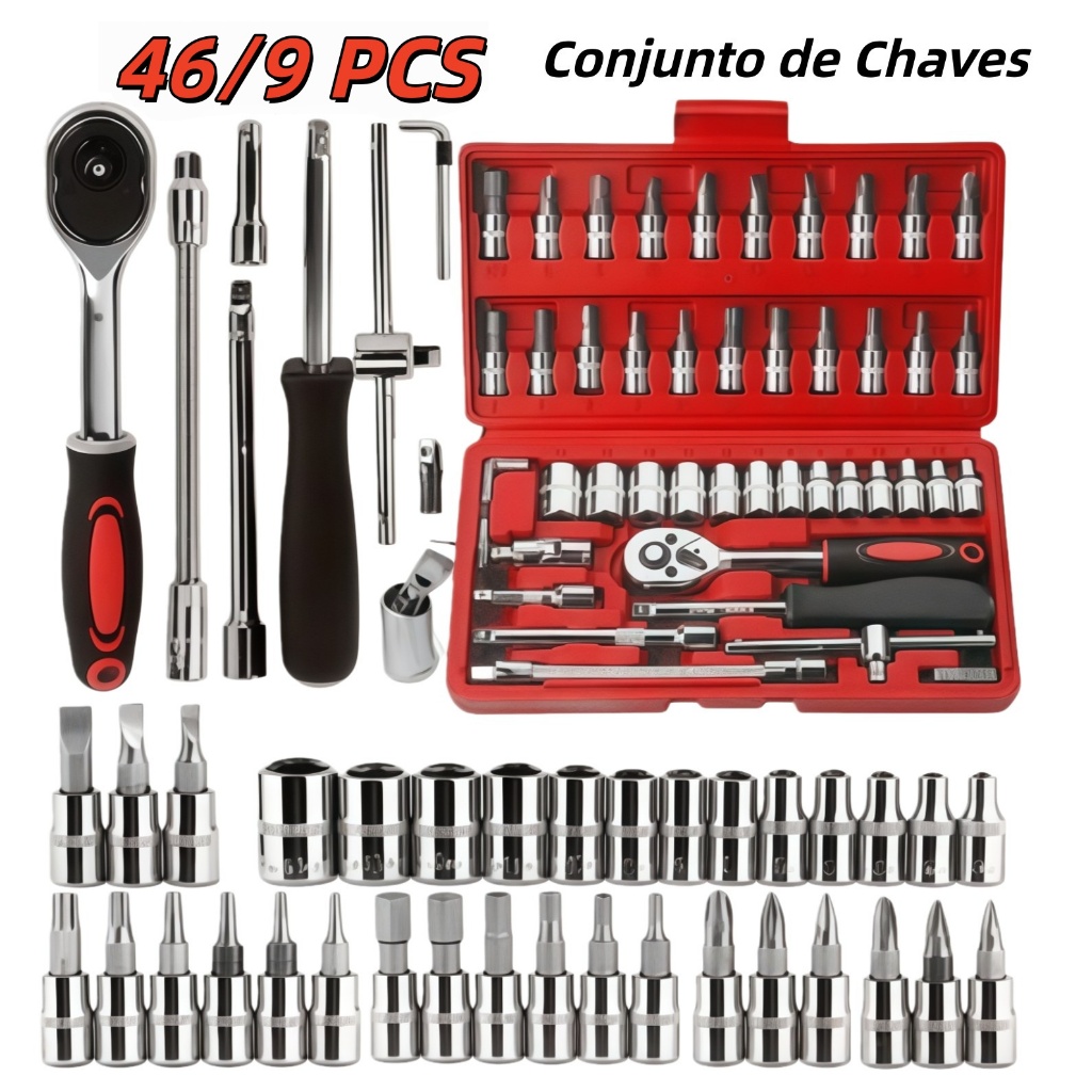 Kit De Ferramentas 46/9 Peças Jogo De Soquetes Chave Catraca Reversível Com Maleta Jogo De Ferramentas Completo