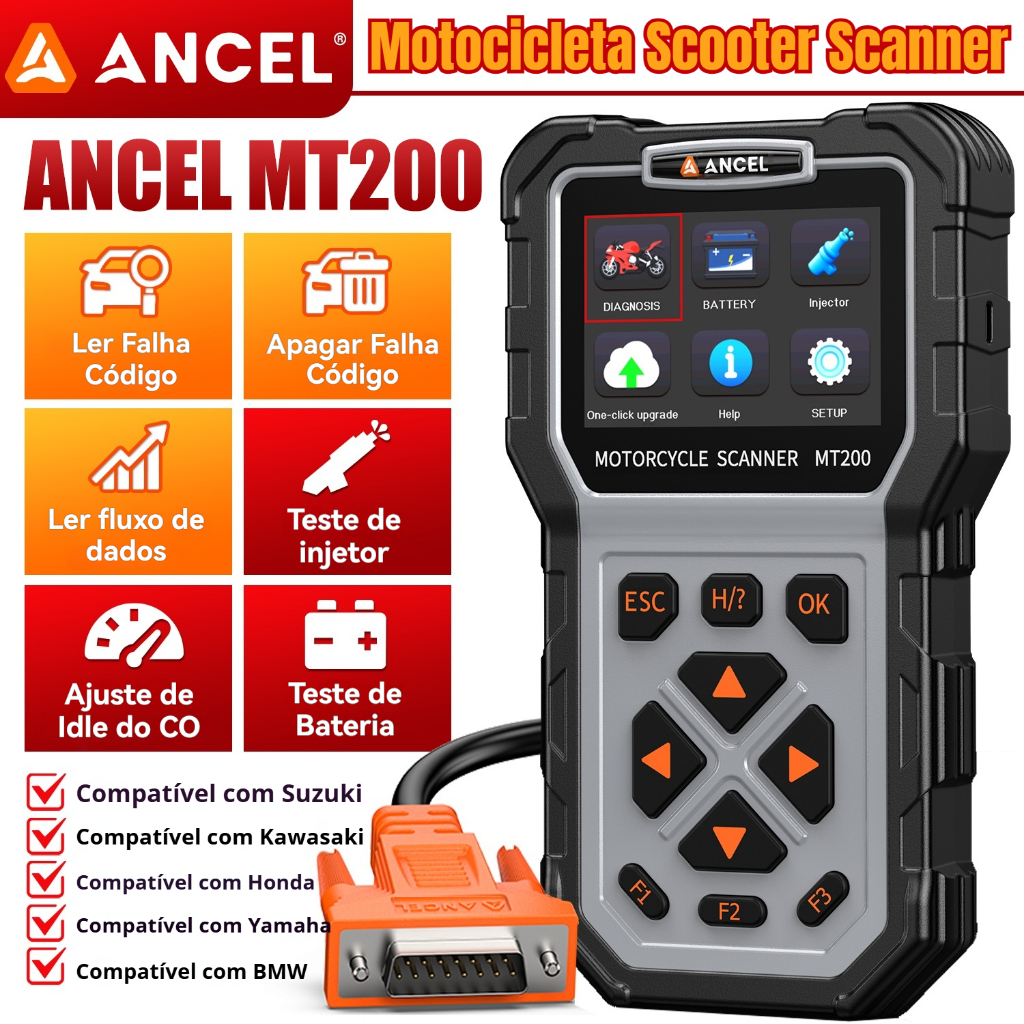 ANCEL MT200 Scanner Para Motocicleta Brasil Ferramenta De Teste De Injetor De Combustível