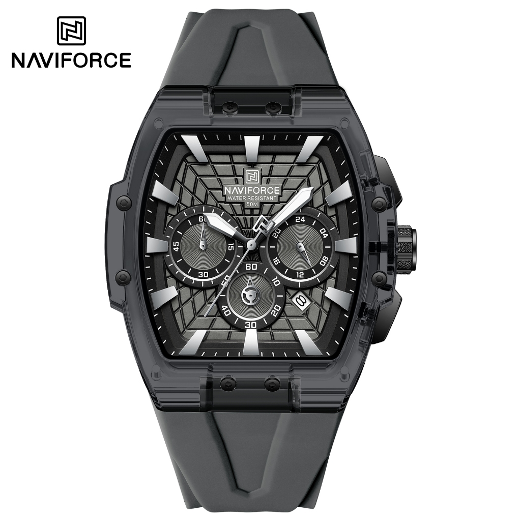 NAVIFORCE 6113 Novo Design Transparente Tonneau Masculino Quartzo Relógio Esportivo Impermeável