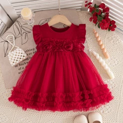Vestido De Chiffon Vermelho De Verão Para Meninas , Roupas Infantis Doces Adequadas Festas De Casamento (9 Meses A 4 Ano