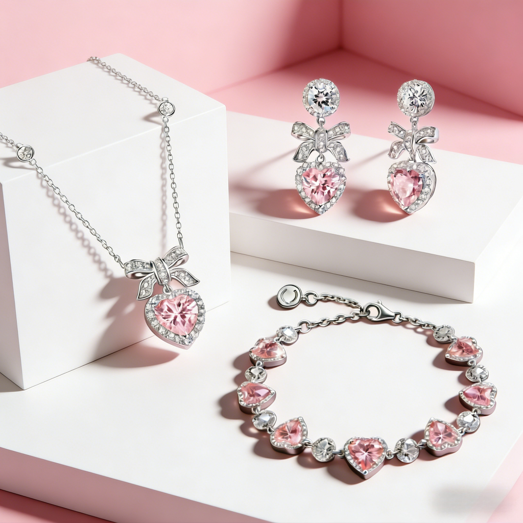 S925 prata coração conjunto de 3 peças pulseira/colar/brincos-presente para namorada
