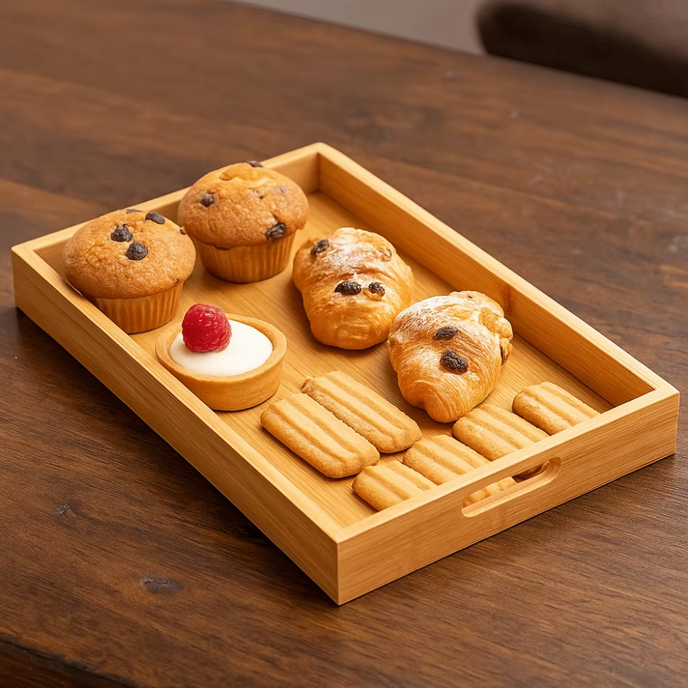 Bandeja Retangular De Bambu Com Alça de apoio Reta