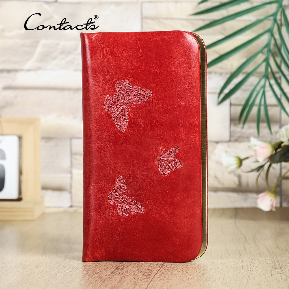 CONTACT'S Couro Genuíno Borboleta Bordado Carteira Longa 6.9 " Bolsa De Telefone Multi-Cartão Slot Embreagem RFID Bloque