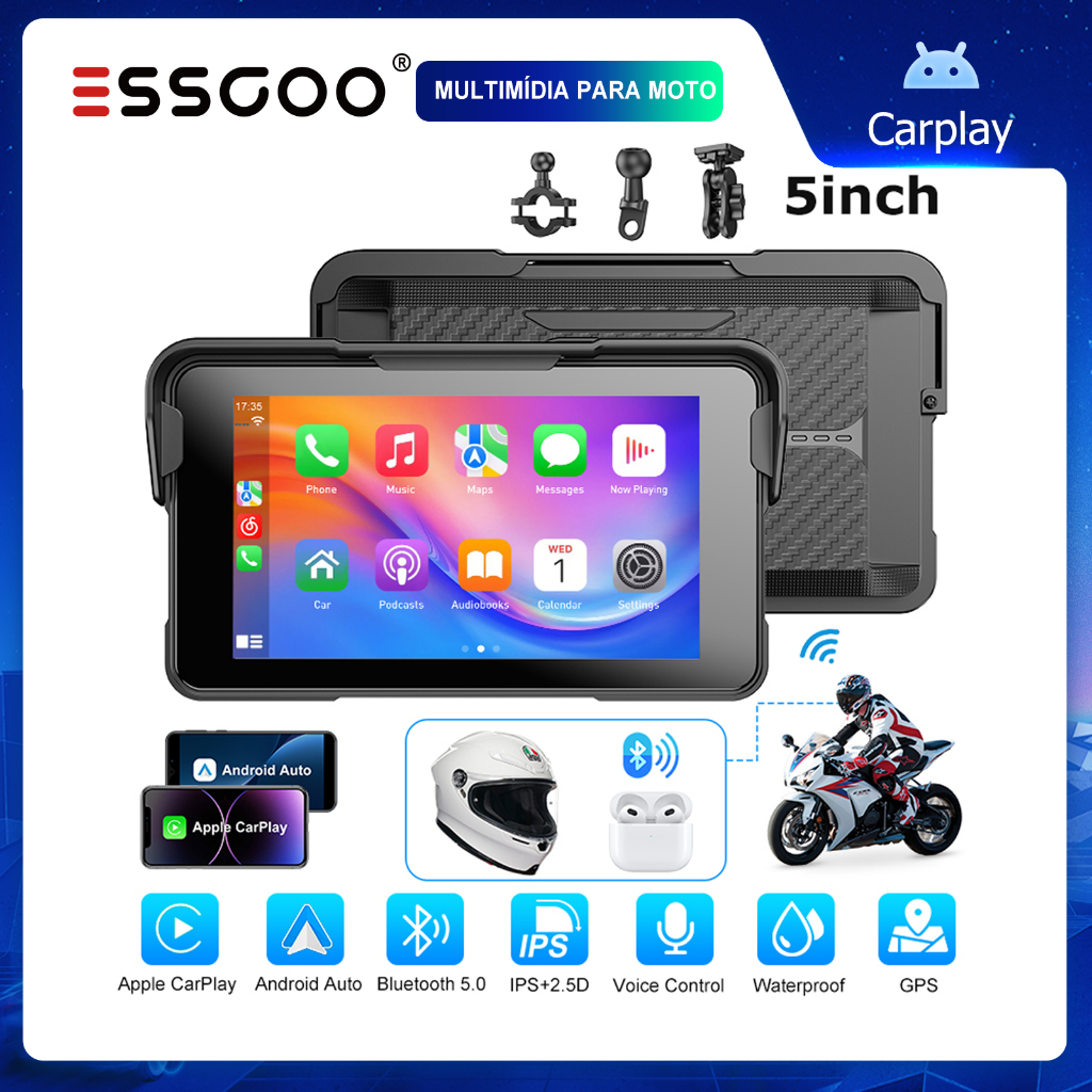 (Do São Paulo)ESSGOO Multimídia Para Moto De 5 Polegadas Com CarPlay E Android Auto Touchscreen GPS Bluetooth Anti-Roubo em Oferta na Shopee