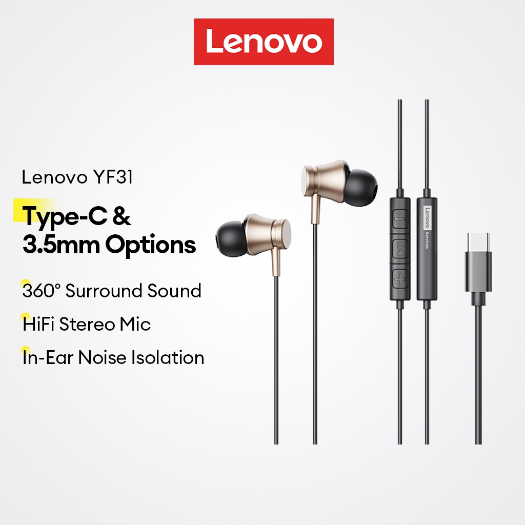 Fone de Ouvido Lenovo YF31 Com Fio In-Ear Jack 3.5mm Type-C Som Surround 360 HiFi Microfone HD Original Metal em Oferta na Shopee