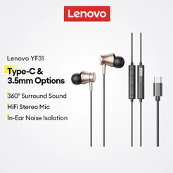 Fone de Ouvido Lenovo YF31 Com Fio In-Ear Jack 3.5mm Type-C Som Surround 360 HiFi Microfone HD Original Metal