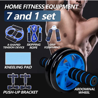 Kit Fitness 6 em 1 Roda Abdominal Flexão Corda Elástico Hand Grip Tapete Treino em