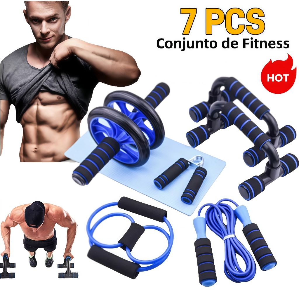 Kit Fitness 6 em 1 Roda Abdominal Flexão Corda Elástico Hand Grip Tapete Treino em Casa