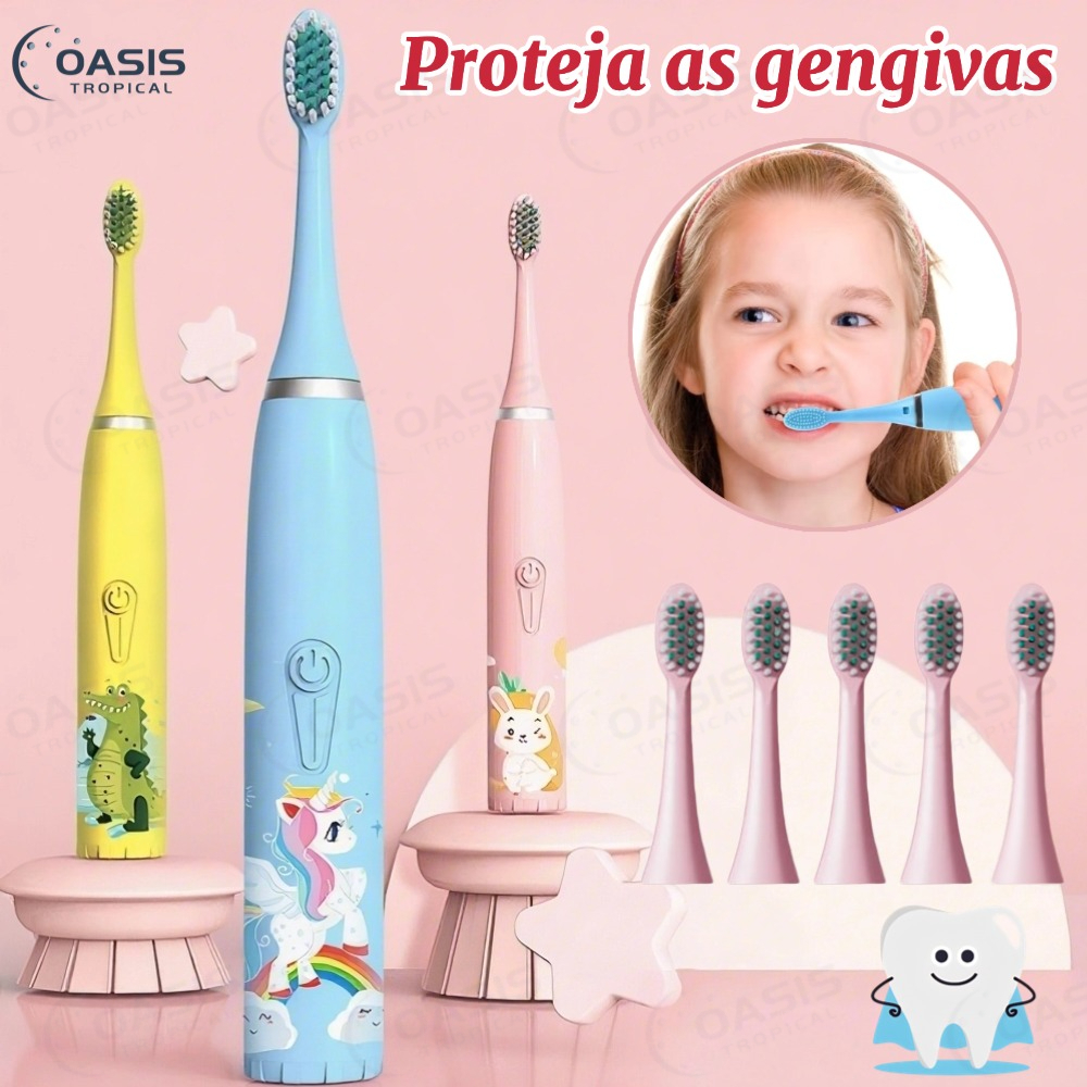 Escova Dental Elétrica Ultra-Sônica para Crianças | Onda Acústica Fofa + Dupla Face Limpa + Cabelos Suaves — Cuidado Den