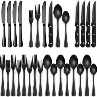 Conjunto De Talheres De Aço Inoxidável Preto Com 24 Peças, Conjunto De Talheres De Qualidade Alimentar, Conjunto