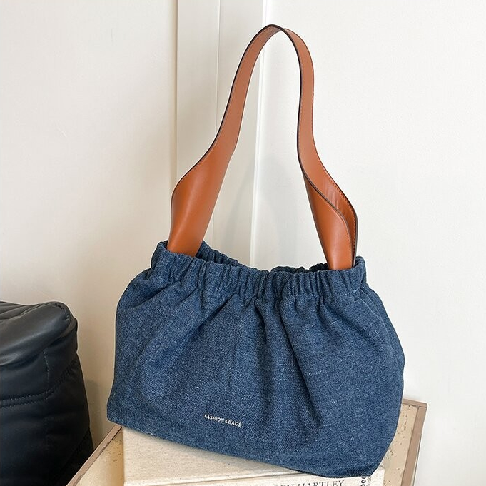 Bolsa jeans de grande capacidade, bolsa de lona feminina, novo estilo, bolsa de ombro, axilas, plissada, nuvem, bolsa Cr