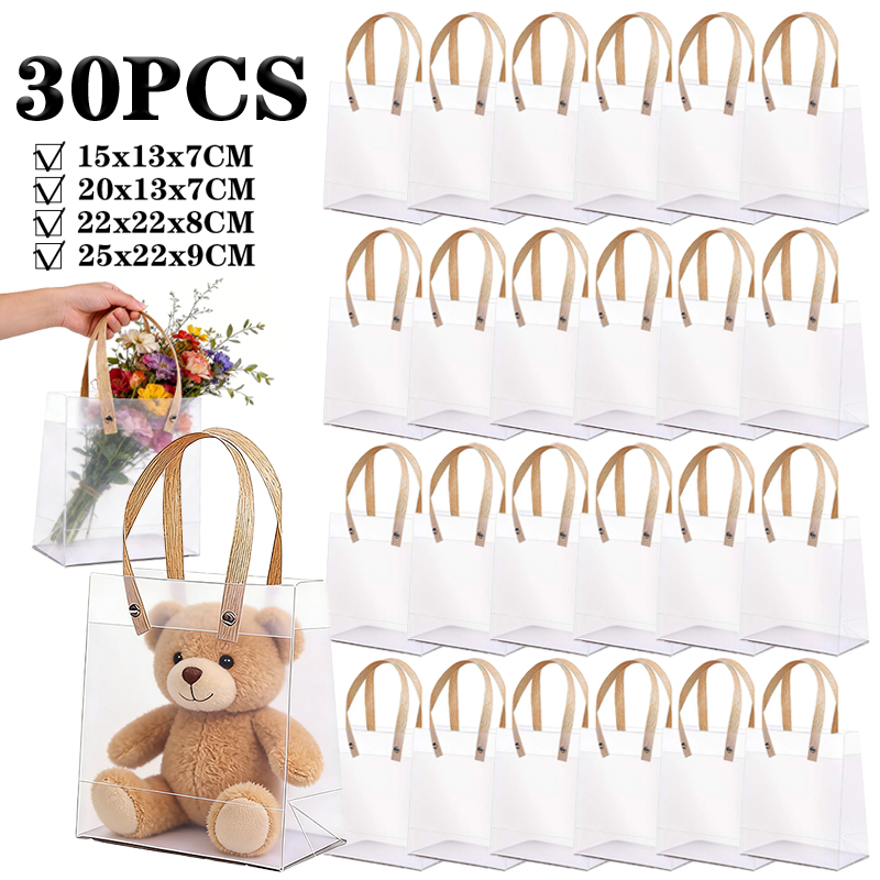 10/20/30 PCS Sacola Transparente Fosca de PP com Alça Kraft para Presentes Decoração Lembrancinha em Oferta na Shopee
