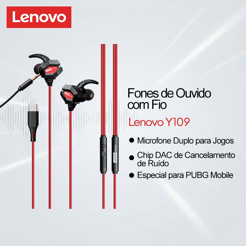 Lenovo Y109 In Ear Gaming Fones sem fio and Wired Fones de ouvido com Microfone Duplo Chip DAC e Cancelamento de Ruido para Jogos