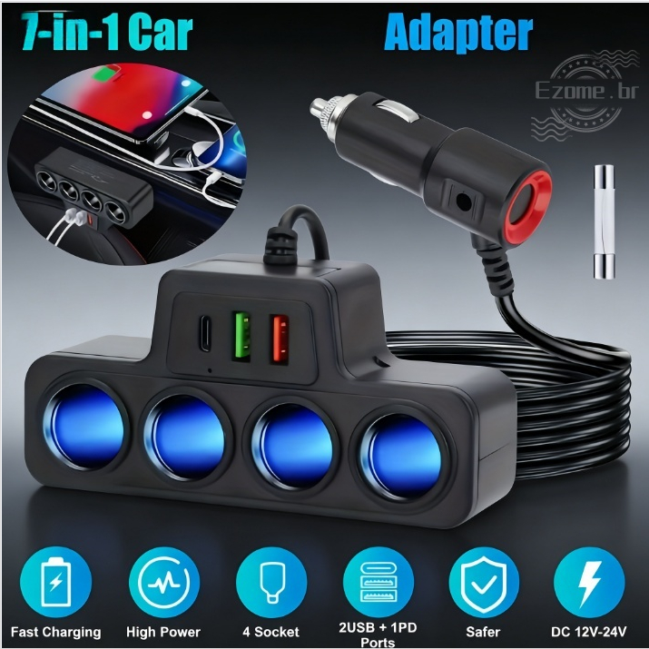 Adaptador De Isqueiro De Carro 120W 4 Em 1 12V/24V Tomada USB