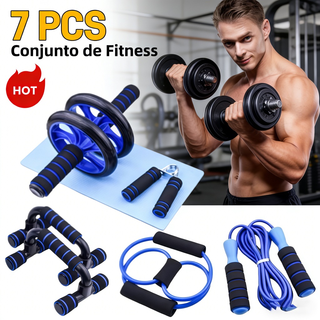 Kit Fitness 6 Em 1 Roda Abdominal Flexão Corda Elástico Hand Grip Tapete - Treino Em Casa