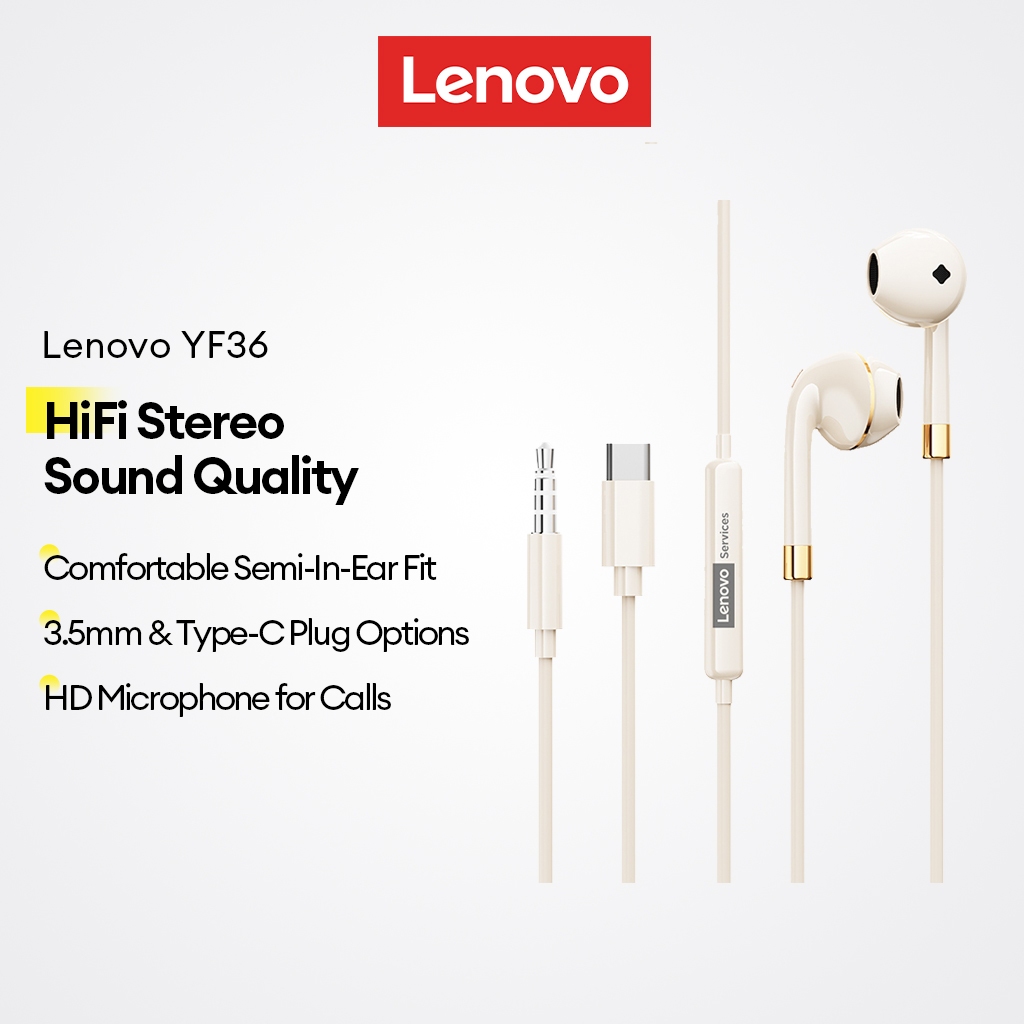Fones De Ouvido Com Fio Lenovo YF36 E Semi-Intra-Auriculares Plugue Tipo C De 3.5 Mm Som Estéreo HiFi