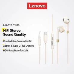 Fones De Ouvido Com Fio Lenovo YF36 E Semi-Intra-Auriculares Plugue Tipo C De 3.5 Mm Som Estéreo HiFi