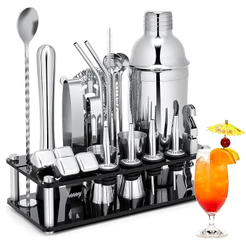 Cocktail Bar Utensilios Kit 23 Peças Inox Coqueteleira 750ml Profissional + Suporte Sacador Dosador