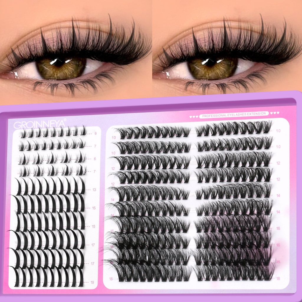 GROINNEYA Cílios Clusterados Volumosos Olho De Gato Ponta Molhada Híbridos Inferiores Extensão De