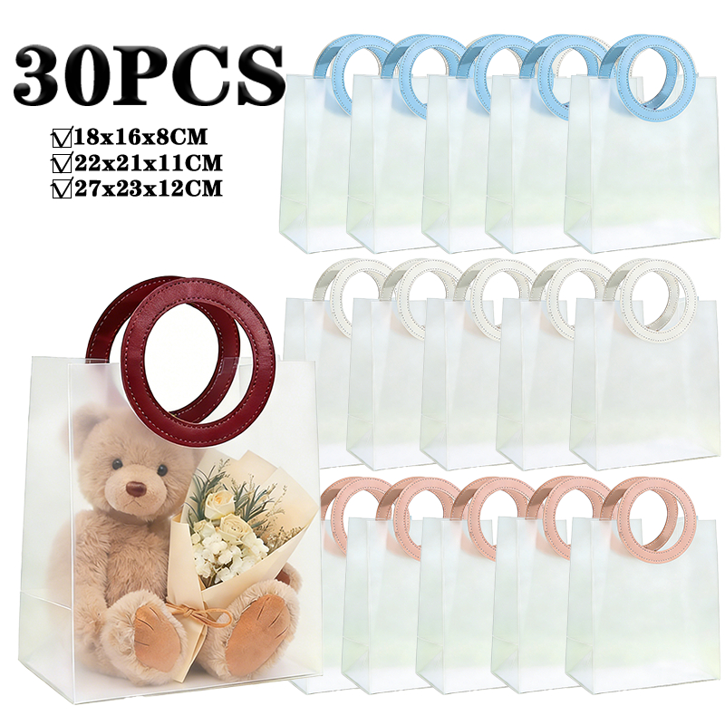 Kit 30 Bolsas Sacola Plástica Transparente Flexível De PVC Alça Redonda Couro Sintético Em Cores Para Presente Brinde em Oferta na Shopee