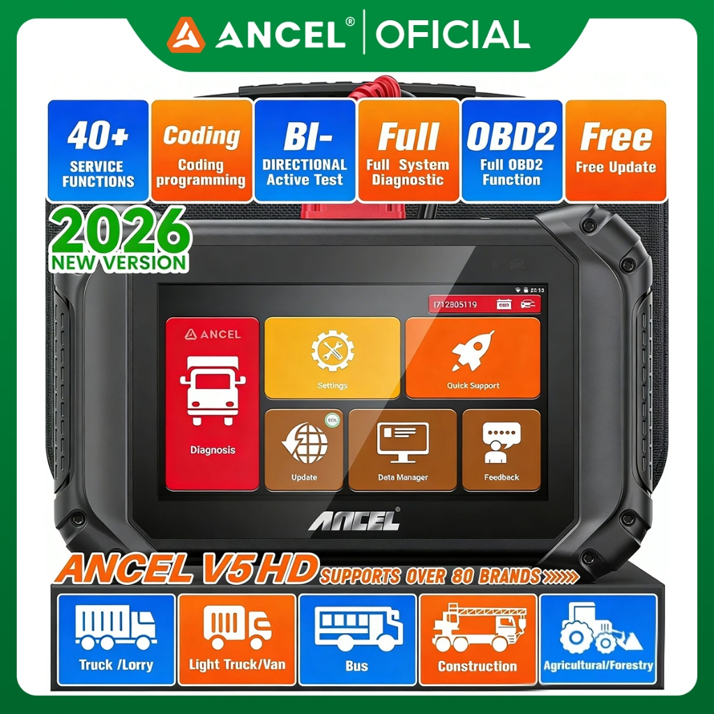 ANCEL V5 HD Leitor e Scanner de Diagnóstico Pesado para Caminhões Diagnóstico Completo 40+ Funções de Reset