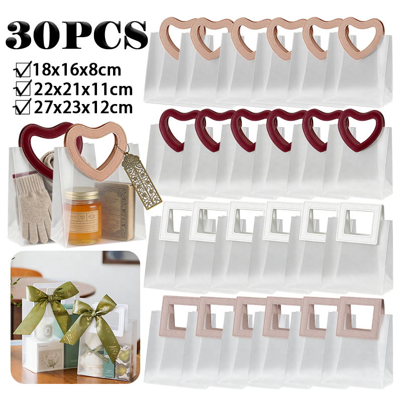 kit 10/20/30 PCS Sacolas Presente Transparentes Foscas com Alça Coração/Quadrada em Oferta na Shopee