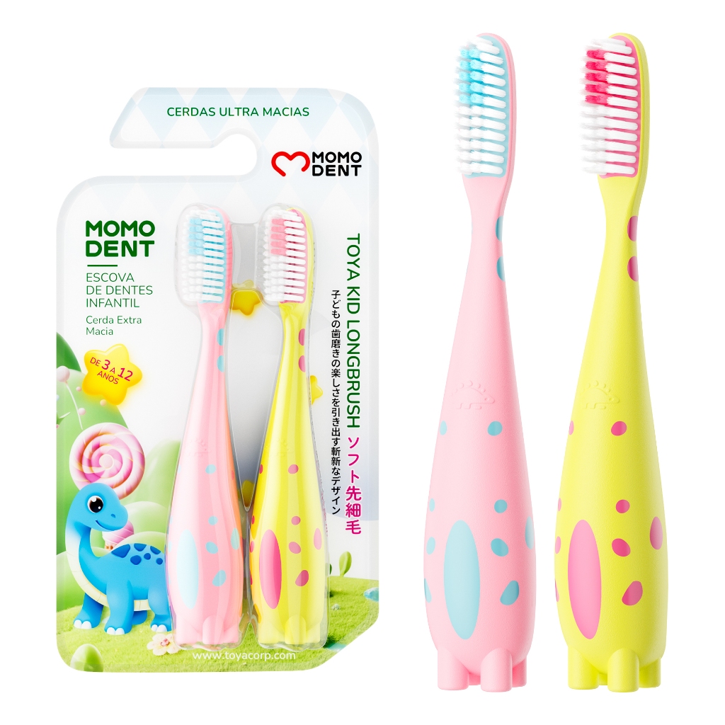 MOMODENT Escova Infantil Long Brush,Design Dino Antiderrapante,Limpador de Língua,3-12 Anos