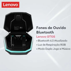 Fone de Ouvido Sem Fio Lenovo GT105 Bluetooth 6.0 Gamer Luz RGB Efeito Mamba Unidade 13mm Som HiFi Profissional