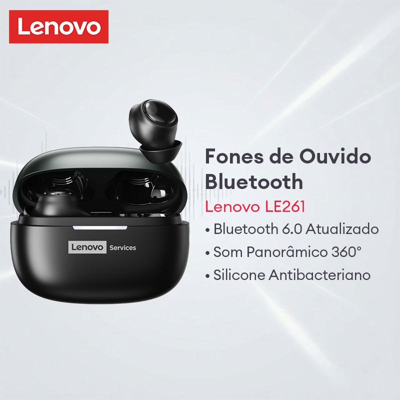 Fone de Ouvido Sem Fio Lenovo LE261 Bluetooth 6.0 Som Surround 3D Bateria Longa 5h Antibacteriano IPX