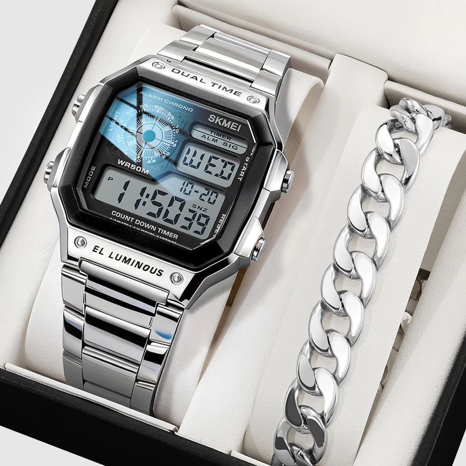 Skmei topo de luxo moda esporte relógio masculino 5bar relógios à prova água pulseira aço inoxidável relógio digital em Oferta na Shopee