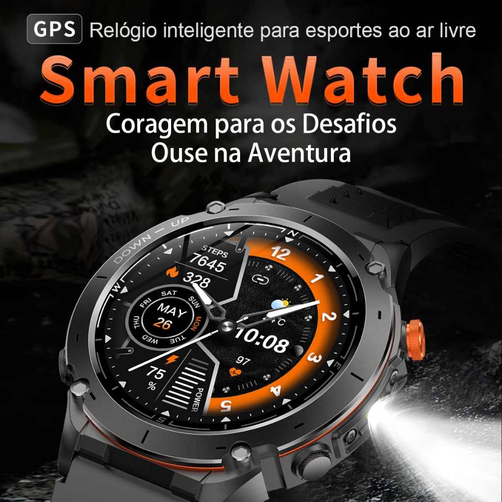 Smartwatch GPS Tela AMOLED 1.43" , Bateria 730mAh, 3ATM, Ligações Bluetooth, 100+ Modos Esportivos