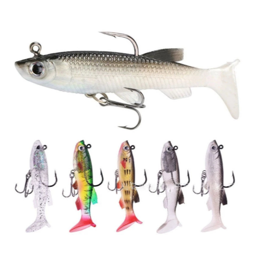 Kit 5 Iscas Artificiais Macias 7,5cm 12g com Anzol Duplo Pesca Robalo Black Bass Tucunaré Traíra