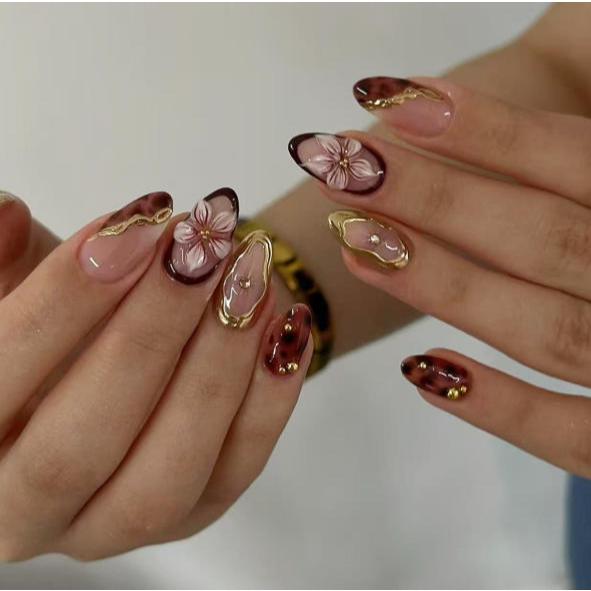 unha postiça decorada realista amendoada Floral Com Cola kit unhas postiças decoradas nails em Oferta na Shopee