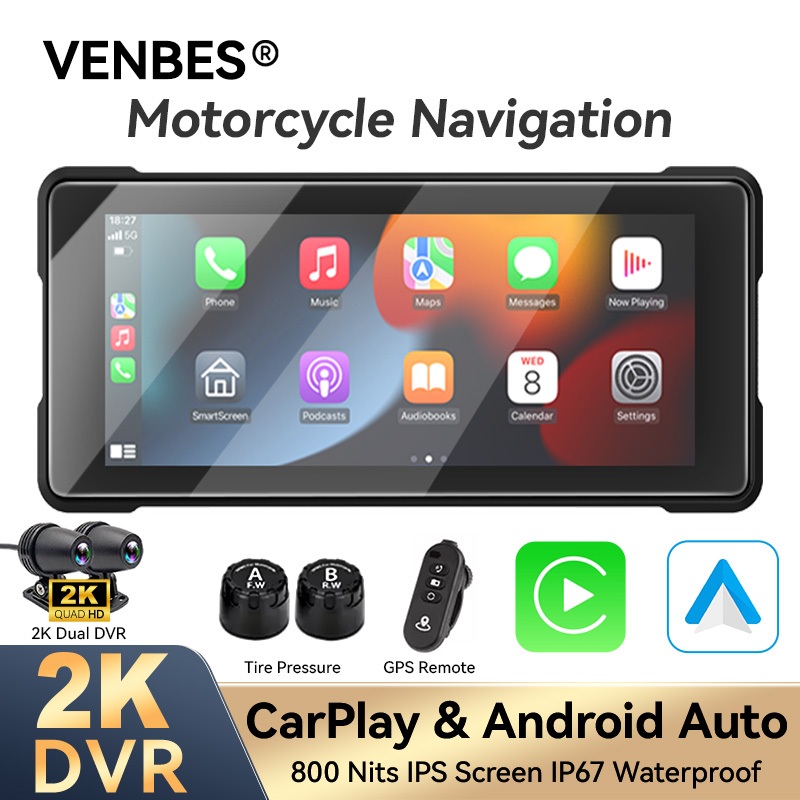 VENBES 6.86 Polegada Navegador De Motocicleta 2K Câmera Dupla Sem Fio CarPlay Android Auto Portátil GPS TPMS em Oferta na Shopee