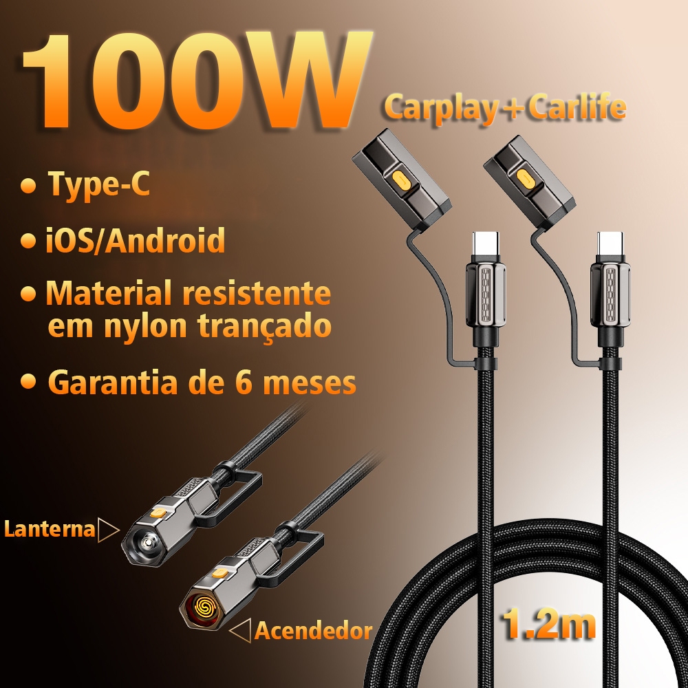 Cabo USB-C 1.2m PD 100W Carga Rápida com Isqueiro Elétrico + Lanterna, Nylon Trançado