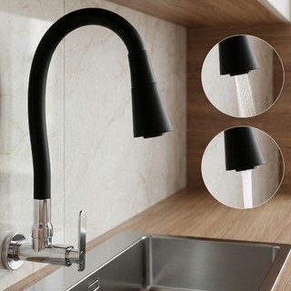 Torneira Fosca De Cozinha De Parede/Pia De Silicone Com 2 Jatos , 1/4 Volta , Cabeça De Chuveiro Preta-Design De Emenda